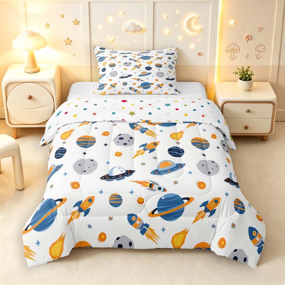 Manfei Cartoon Planets Twin Comforter Sets,Cute Rocket Print Bedding Set,Blue Orange White,Polkadot Reversible,2-Piece,1 Comforter and 1 Pillowcase