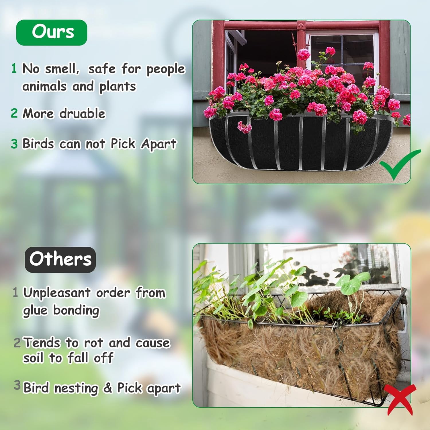 2PCS 30 Inch Window Box Liner Fabric Planter Basket Liner Trough Planter Insert Liner Black Hanging Flower Basket Liners Non-Woven Felt Plant Liner for Planters Fence Garden - Avoid Bird Nesting