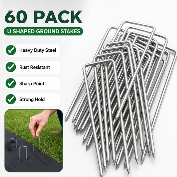 60 Pack Heavy Duty Ground Stakes, U Shaped Galvanized Steel Tent Pegs
