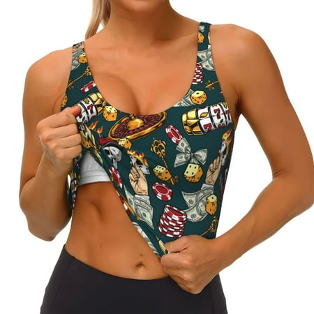 Qokaie Vintage Casino Chips Pattern Womens Scoop Neck Sports Bra Breathable Workout Vest Padded U Back Medium Impact Fitness Gym Yoga Bra Workout Crop Top