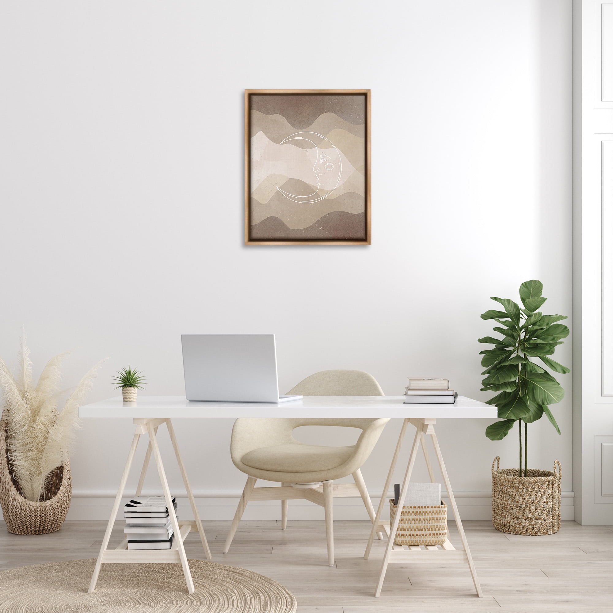 Stupell Industries Boho Celestial Moon Landscape Painting Brown Floater Framed Canvas Art Print Wall Art, 25 x 31