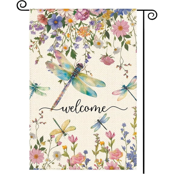 Spring Summer Dragonflies Wildflowers Welcome Garden Flag, 12 x 18 Inch Double-Sided, Watercolor Floral Burlap Small Yard Flag, Holiday Farmhouse Flags for Patio Outdoor Decoration