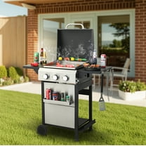 3-Burner Propane Gas BBQ Grill, SS Plancha, 36900BTU Output With Wire Enamel Cooking Grids For Outdoor Barbecue, Foldable Side Table, Hanging Basket, Stainless Steel