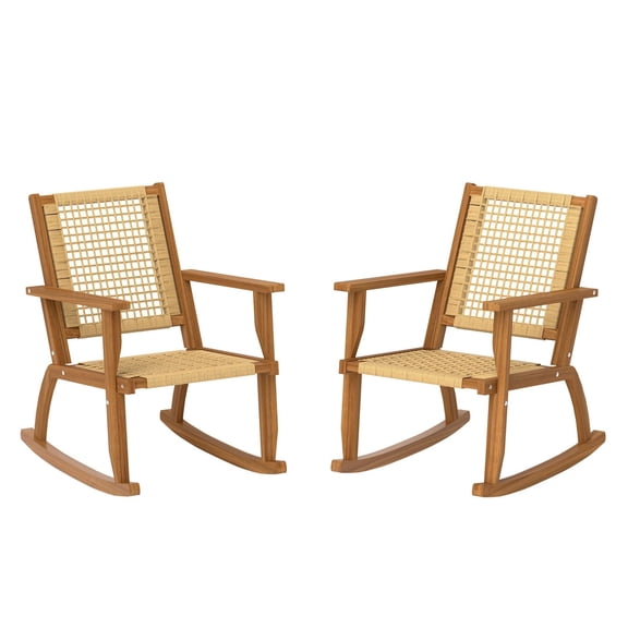 Outdoor Rocking Chairs Set of 2, Acacia Wood Patio Rockers with Wicker, Garden Furniture, Khaki