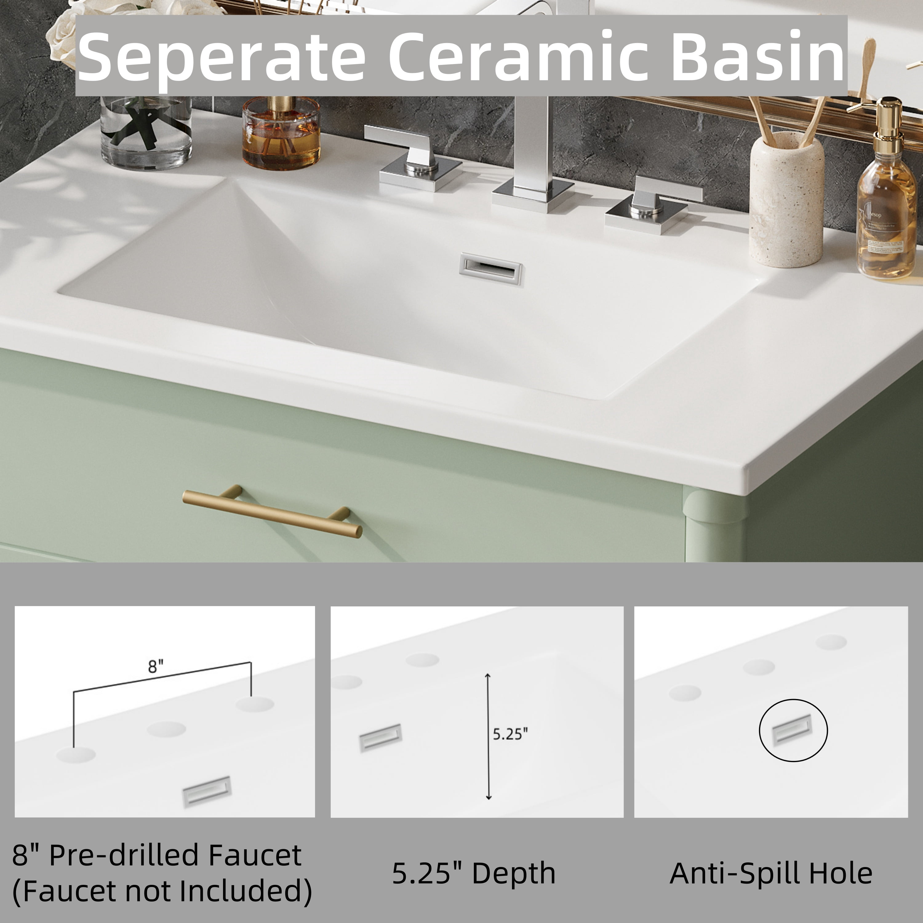 Euroco 31" Bathroom Vanity with Sink, Bathroom Cabinet with Soft Close Doors and Adjustable Shelf, Curved Profile Design, Rubber Wood Legs, Green