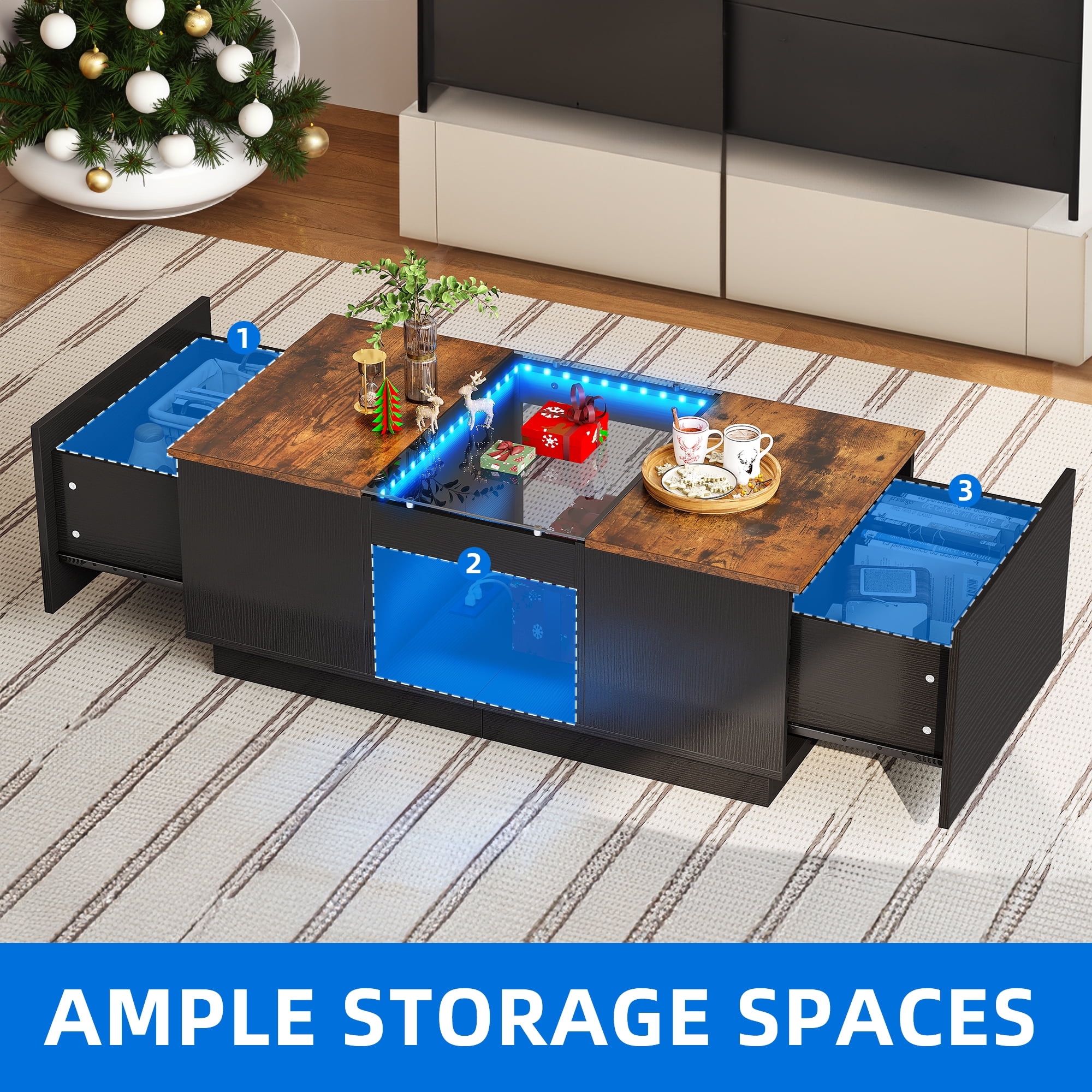 Dextrus Modern LED Coffee Table, Brown Coffee Table with Storage, Large Living Room Center Tables, 2 Tiers and 2 Drawers