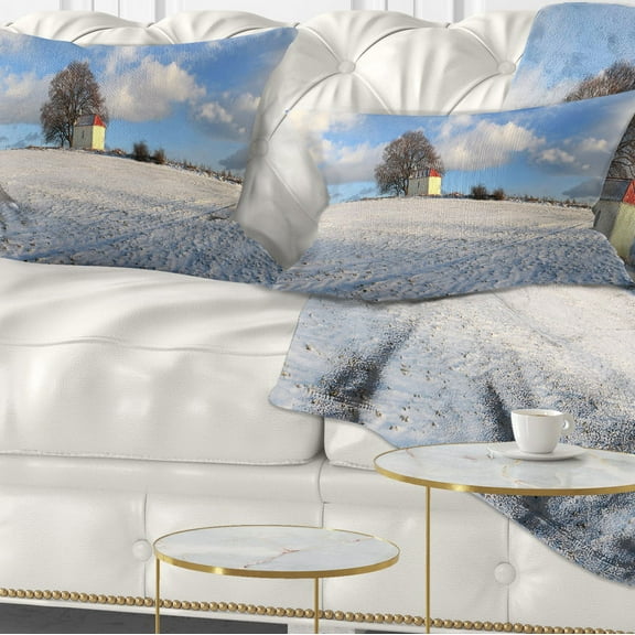 Designart Winter Landscape with Chapel - Landscape Printed Throw Pillow - 12x20