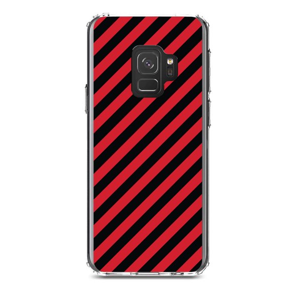 DistinctInk Clear Shockproof Hybrid Case for Samsung Galaxy S9 (5.8" Screen) - TPU Bumper, Acrylic Back, Tempered Glass Screen Protector - Black Red Diagonal Stripes