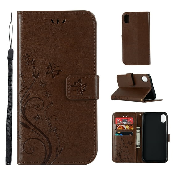 iPhone X Case, iPhone XS Case - Allytech Premium Wallet PU Leather with Fashion Embossed Flower Magnetic Clasp Card Holders Flip Cover with Hand Strap, Coffee