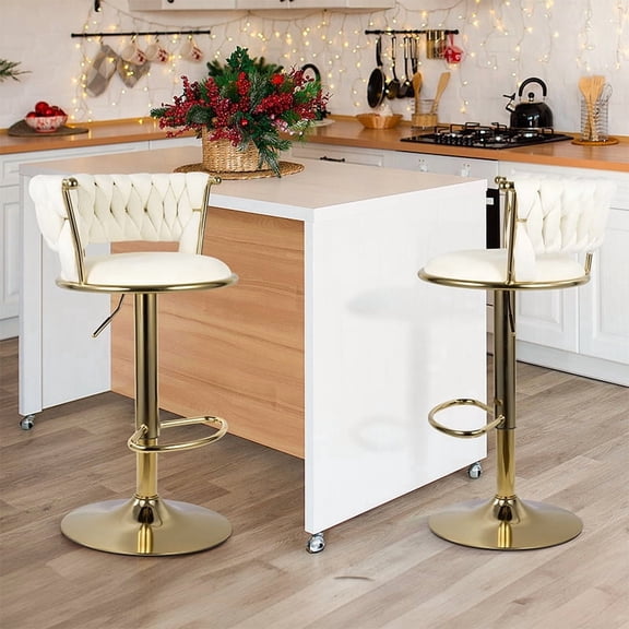 Bar Stools Set of 2, Velvet Upholstered Counter Height Bar Stools with Woven Backrest, Adjustable Height 360° Swivel Barstools with Footrest for Kitchen Island, White & Gold