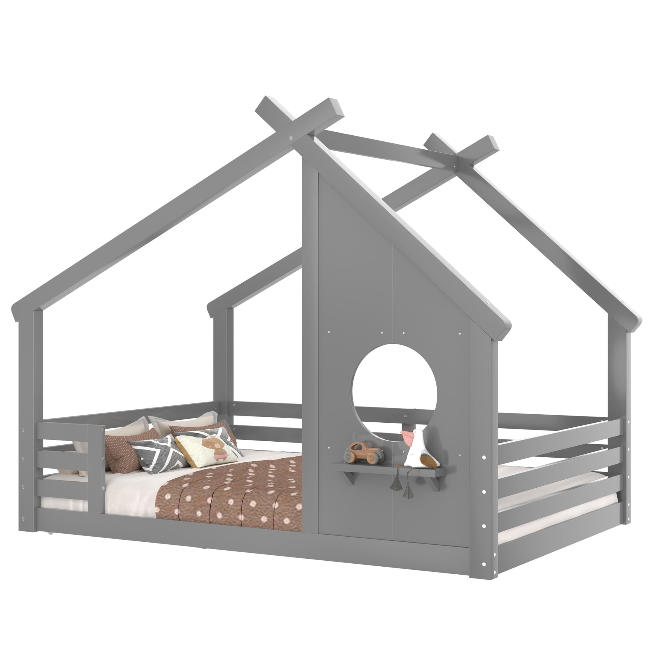 Noble House Full House Floor Bed with Small Shelf, Montessori Kids Bed Frame, Gray