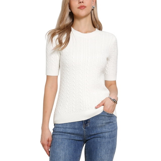 Suéter de manga corta INSPIRE CHIC para mujer, cuello redondo, otoño invierno 2025, suéteres de punto casuales, talla M, blanco