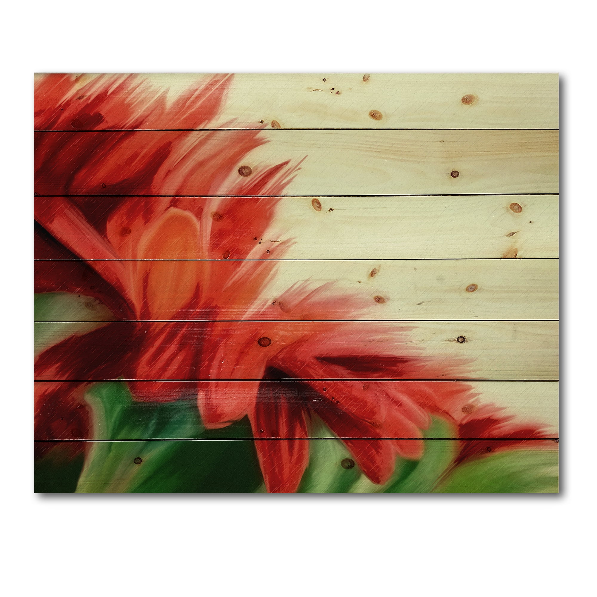 Designart 'Red Floral Brush Strokes On Green' Traditional Print on Natural Pine Wood