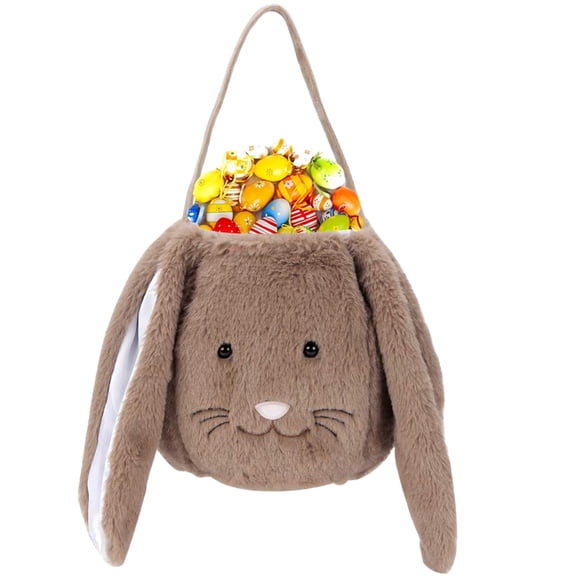 TETOU Brown Plush Easter Bunny Basket , 9.44"×7.87" Easter Buckets with Long Plush Ear Egg Hunting Bags Bunny Kids Basket for Easter Party Storage Gifts Supply