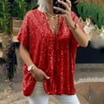 thumbnail image 2 of JSheng Womens Summer Going Out Top Short Sleeve Sexy Short Sleeve Sequins Loose Pullover Solid V-Neck Blouse Shirt Red XXXL, 2 of 5