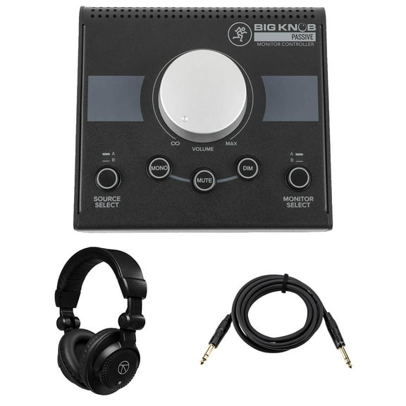Mackie Big Knob Passive 2x2 Studio Monitor Controller, Bundle with TAPH100 Headphones and Platinum Pro 10' TRS Cable
