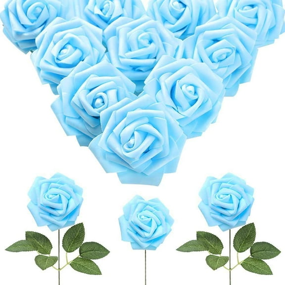 30pcs Baby Blue Roses Foam Flowers Artificial Roses with Stems, Fake Roses with Fake Flowers for DIY Wedding Bouquets Baby Shower Centerpieces Floral Party Home Décor (Light Blue) A