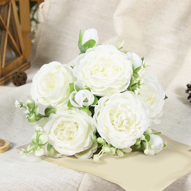 Ramo de Peonías Artificiales de Seda | Flores Artificiales Realistas para Centros de Mesa de Boda y Decoración Del Hogar | Ramo de Novia de 30 X 23 Cm En Blanco, Rosa, Azul, Amarillo y Verde