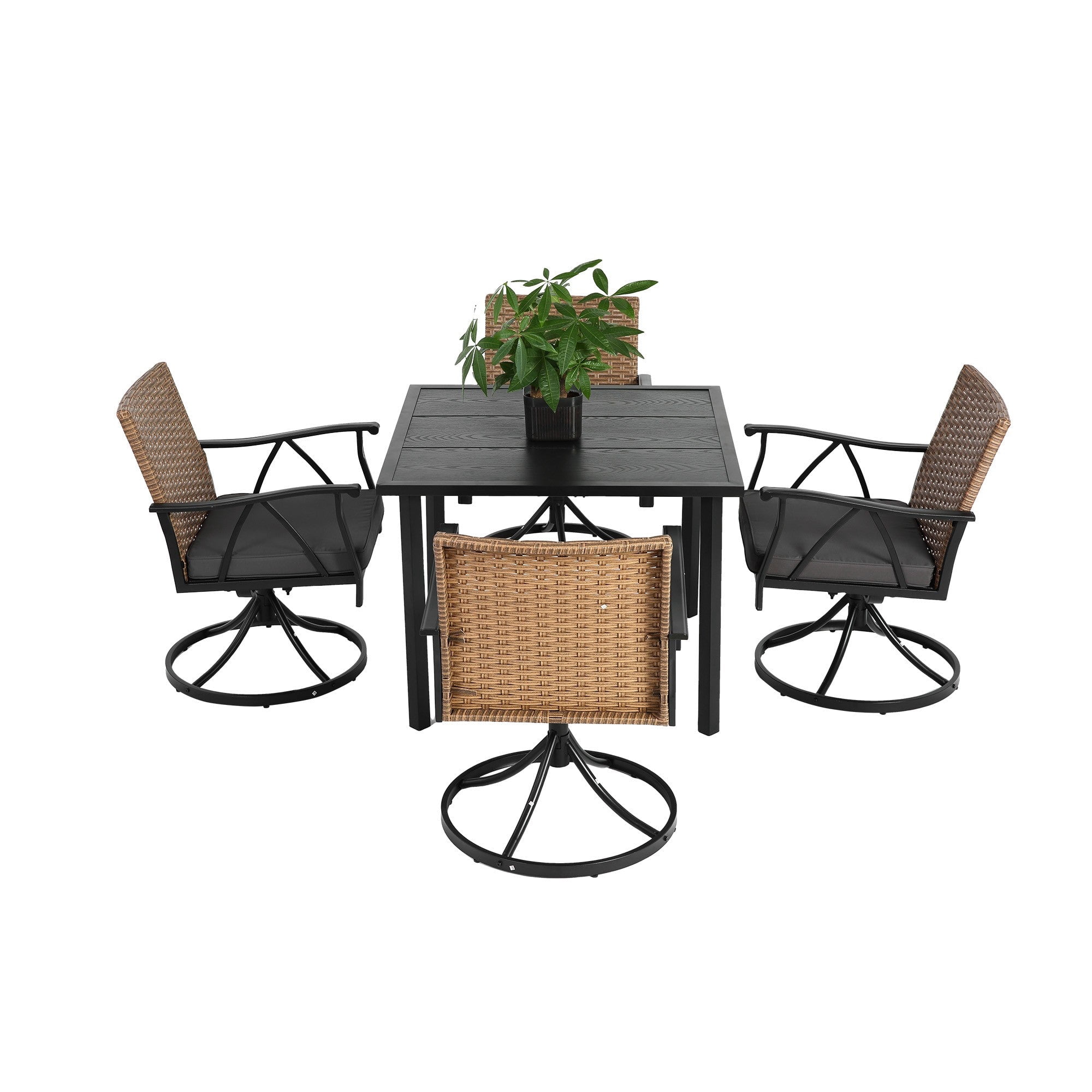 Sailvan 5 Piece Wicker Outdoor Table and 4 Swivel Chairs,Patio Dining Set with Square Steel Table and Umbrella Hole,Brown