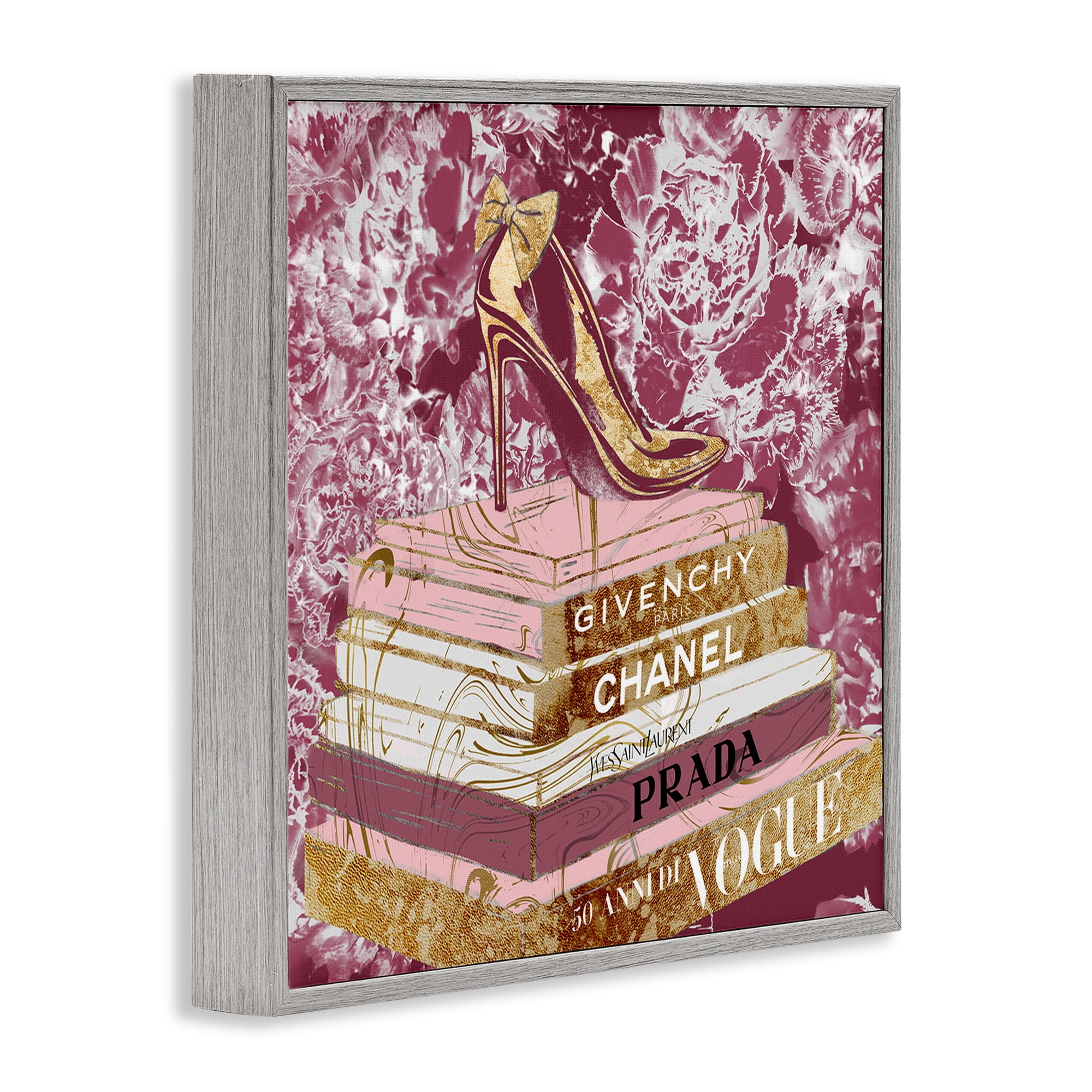 Stupell Industries Pink Glitz Heel on Bookstack Beauty & Fashion Painting Gray Framed Art Print Wall Art, 12 x 12