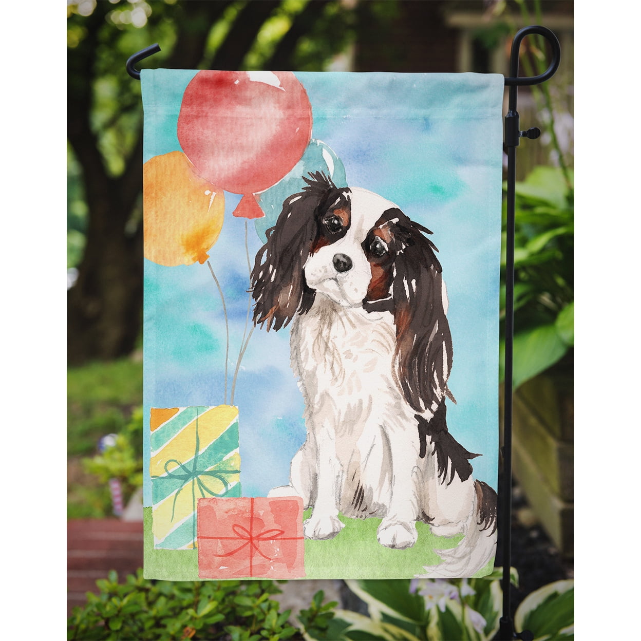 Happy Birthday Tricolor Cavalier Spaniel Garden Flag