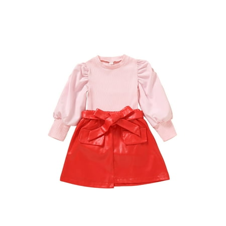 

Calsunbaby 2PCS Toddler Infant Baby Girls Solid Color Leopard Printed Pattern Pullover Leather Skirt