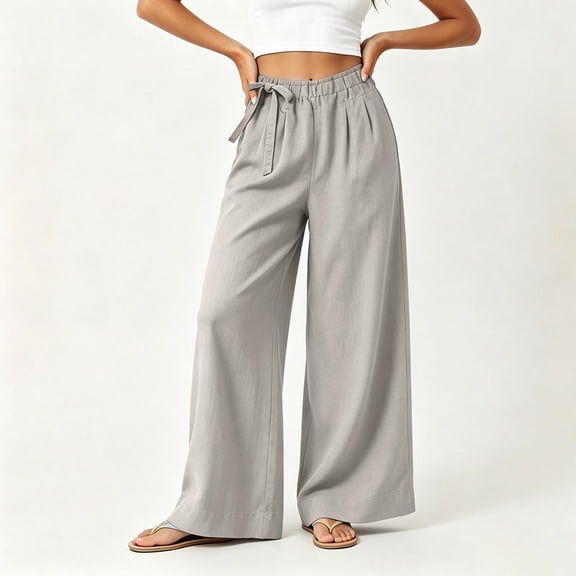 Asgosdo Cotton Pants for Women High Elastic Waisted Side Tie Wide Leg Trousers Flowy Breathable Palazzo with Pockets
