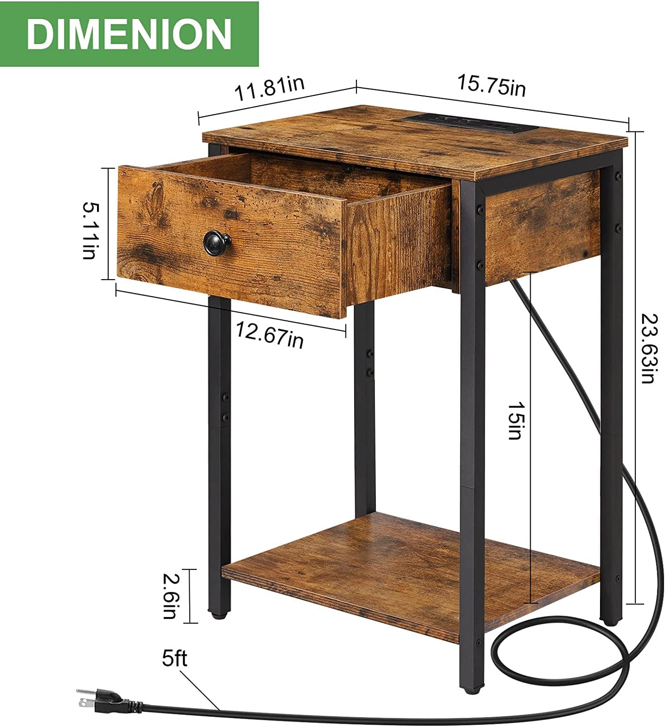 Oumilen Adult Nightstand End Table with Charging Station, USB Ports, Drawer and Storage Shelf, Rustic Brown