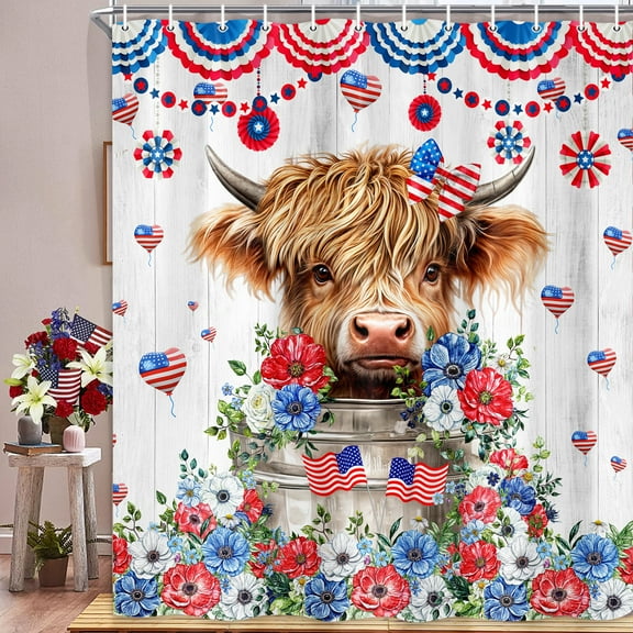 4th of July Shower Curtain, American Flag Funny Cow Patriotic Shower Curtains for the Bathroom, Red White and Blue USA Flag Flower Independence Memorial Day Bath Curtains Sets with Hooks, 69X70IN