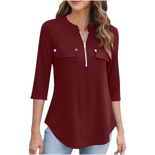 Timegard Hauts pour Femmes Col en V Fermeture Éclair Manches 3/4 Blouse Confortable Automne Tunique Décontractée pour Leggings
