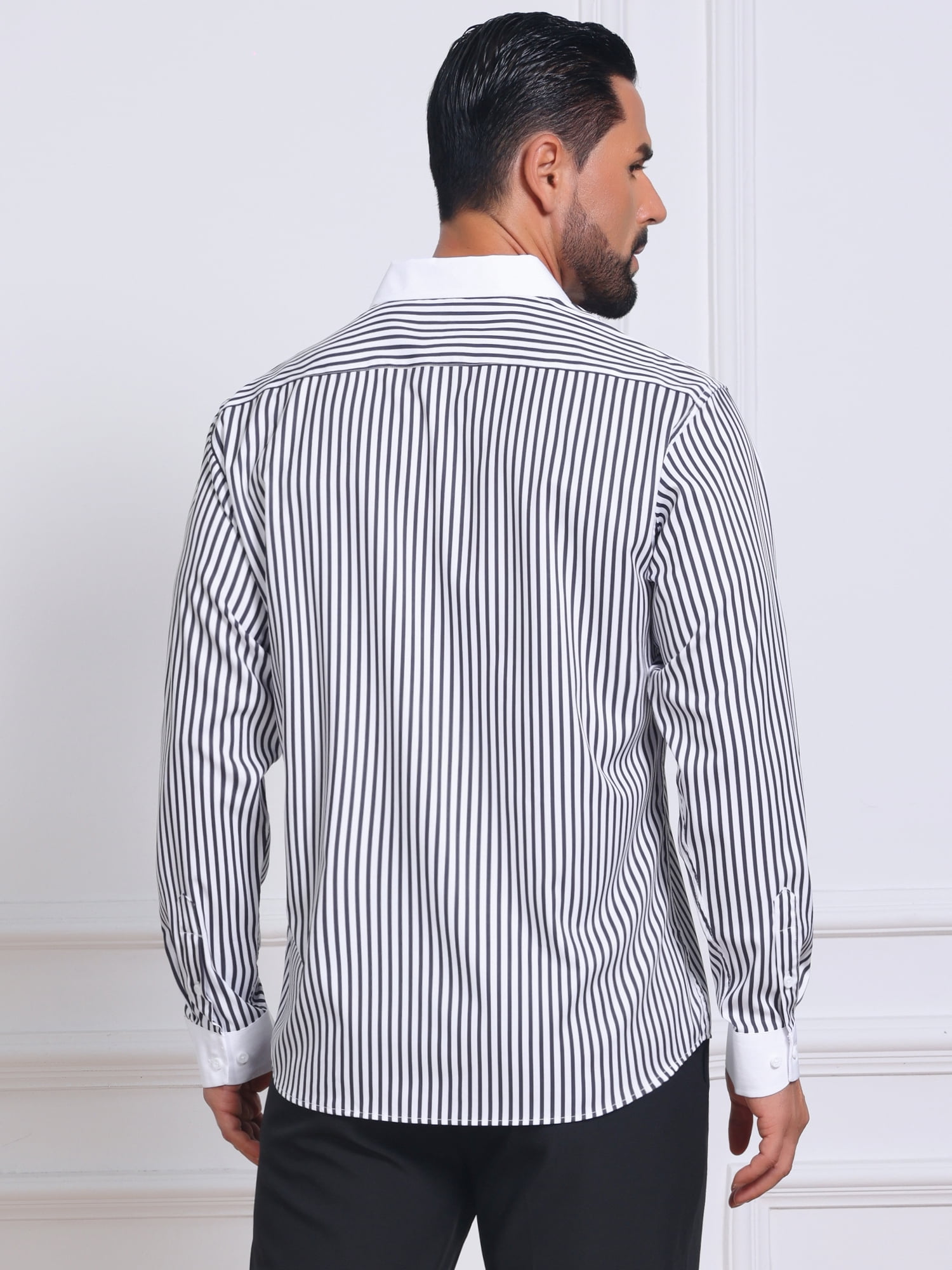 DARING DIVA Men's Striped Button Down Long Sleeve Stretch Shirts L Black