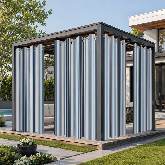 Outdoor Curtains for Patio Modern Blue Black Stripe Waterproof Outside Curtain Grommet Drapes Retro Gradient Striped Line Blackout Curtains for Porch Gazebo Pergola Cabana,2 Panels,54"x95"