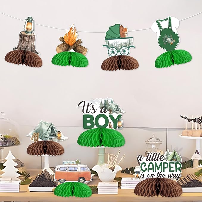 Little Camper Baby Shower Decorations, 8pcs A Little Camper is On The Way Honeycomb Centerpiece It's a Boy Table Topper for Woodland Camping Happy Camper Adventure Baby Shower Party Supplies