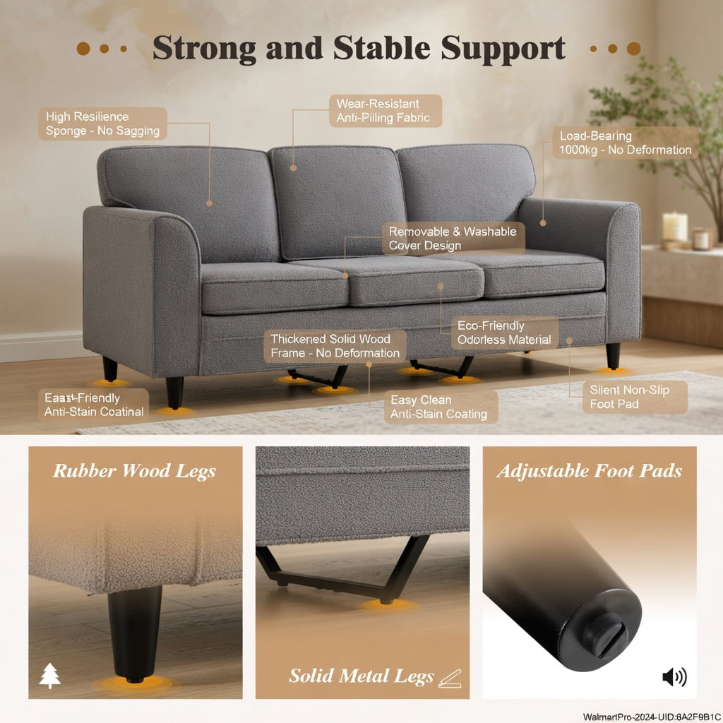 Hommoo Teddy Velvet 3-Seater Sofa, Upholstered Living Room Couch with Ergonomic Support, Machine-Washable Cushions & Sturdy Rubber Wood Legs, Gray