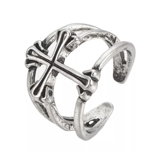 Cuff Finger Textured Ring Cross Antique Silver Adjustable Statement Polished P393