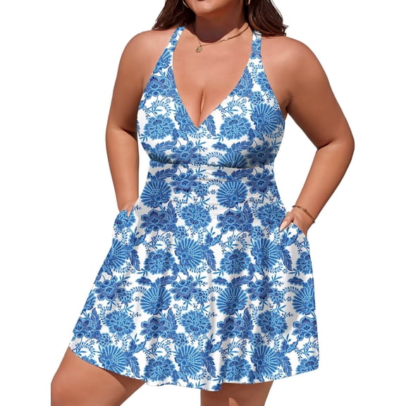 Asoul Plus Size One Piece Swimsuit for Womens Tummy Control Swimdress Swimwear Criss Straps Bathing Suits with Pockets