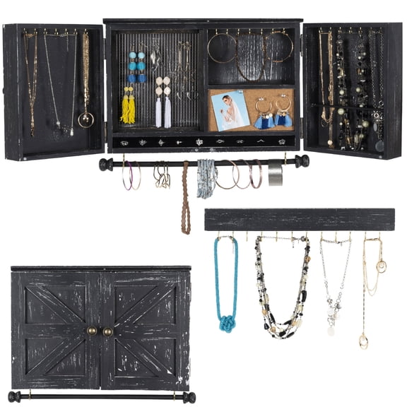 Excello Global Products Rustic Wall Mounted Jewelry Organizer with Wooden Barndoor Decor - Black - EGP-HD-0153