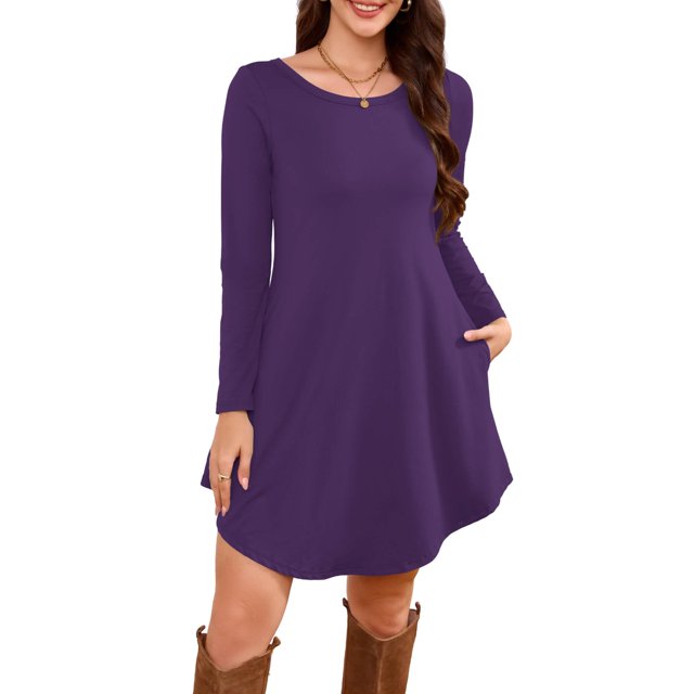Robe T-Shirt à Poche, Robe Midi Ample à Manches Longues à Col Rond, Robe Facile pour Tous les Jours pour Femmes, Maternité, Voyage et Tenue de Fin de Semaine Violet 3TG