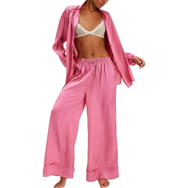 Silk Satin Pajamas Set For Women 2 Piece Floral Wide Leg Pants Set Long Sleeve Button Down Pj Shirts Set