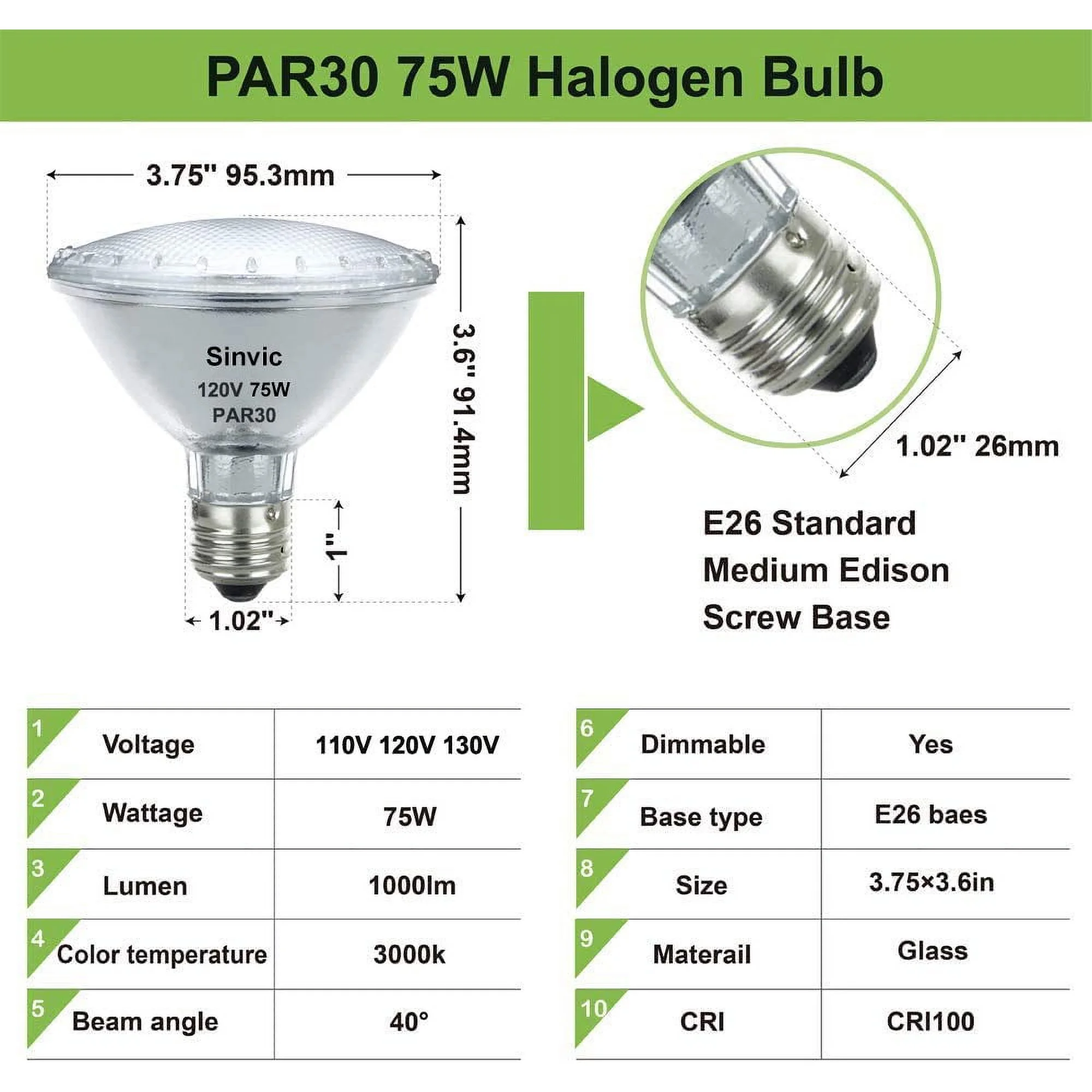 Sinvic Par30 Short Neck, 6 Pack High Output Par30s Halogen 75W 120V, Par30 Dimmable Warm White 3000K, 75W Par30 Flood Light with E26 Medium Base for Recessed Trim Lighting, Track Light