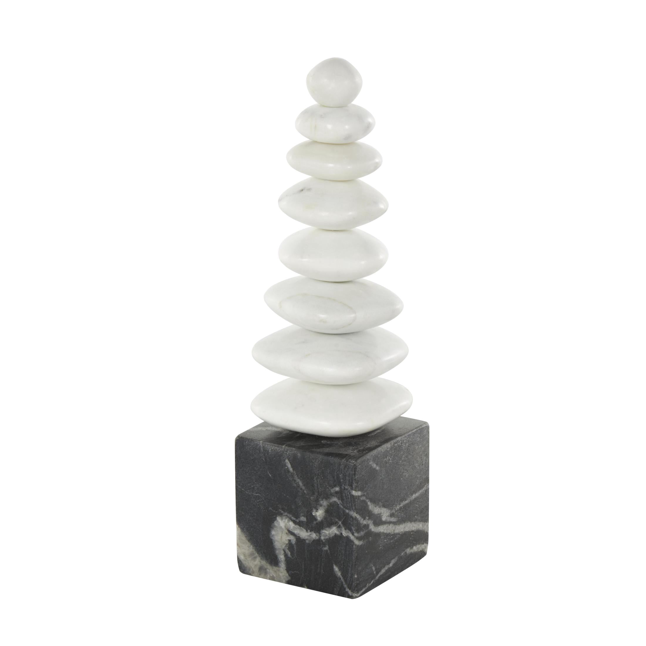3" x 12" White Marble Stacked Stone Abstract Sculpture with Black Block Base, by DecMode
