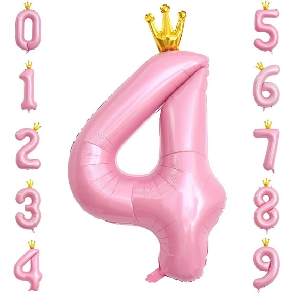 40 Inch Crown Pink Number 4 Balloon, Big Conjoined Baby Pink Foil Mylar Helium 4 Balloon | Girls 4th Birthday Party Balloon Pink Princess Theme Birthday Party Decorations Supplies Favors