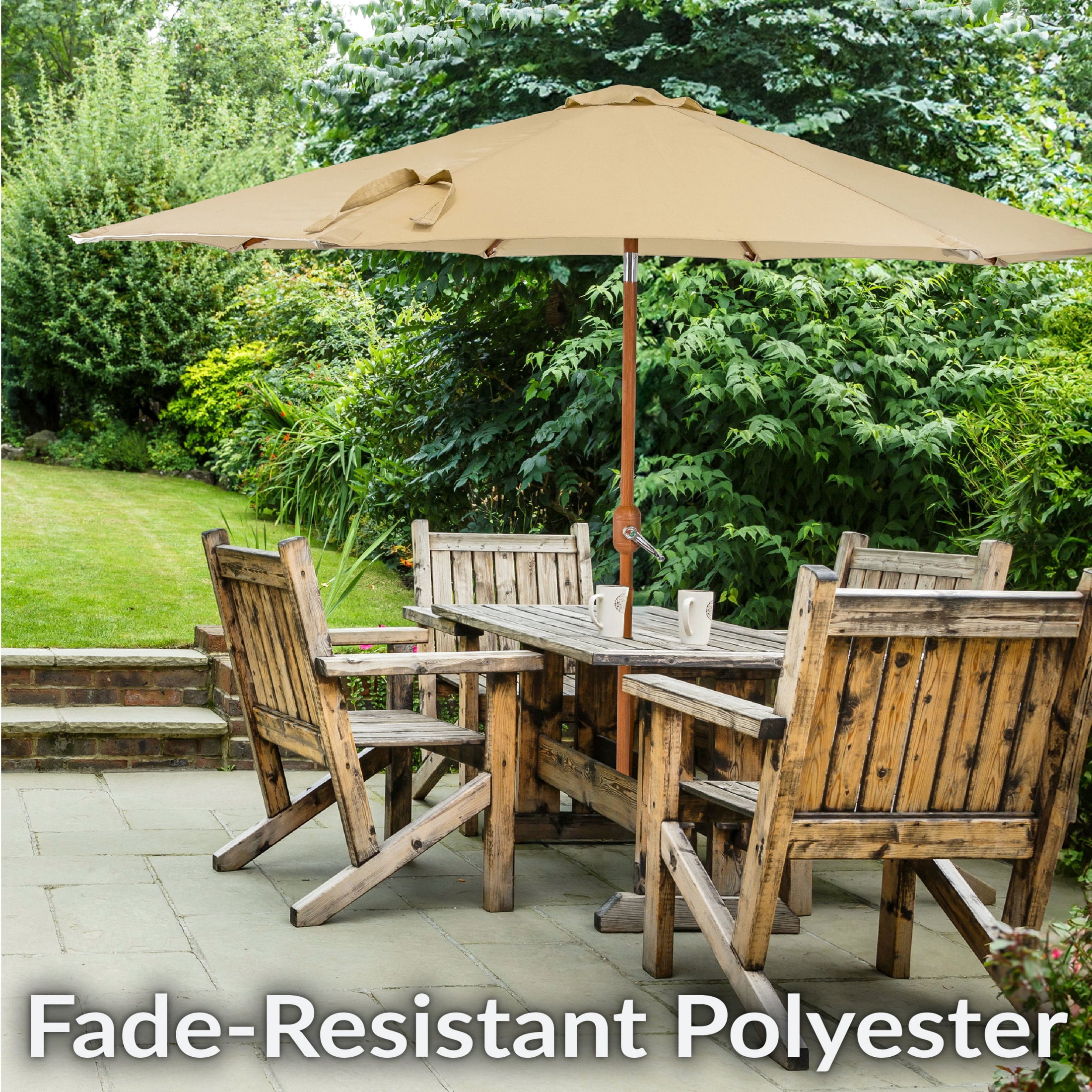 Sunnydaze 8.5 ft Outdoor Patio Umbrella with Push Button Tilt and Crank - Faux Woodgrain Finish - Large Vented Market Umbrella - Beige