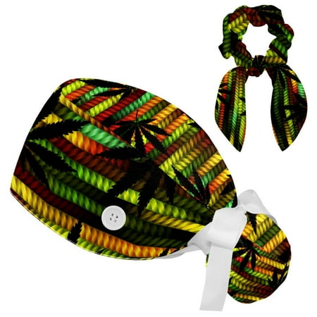 

Working Cap with Buttons and Sweatband Scrub Hat Bouffant Caps with Scrunchie Leaf Background Tie Back Hats
