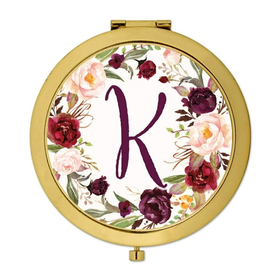 Koyal Wholesale Gold Compact Mirror Bridesmaid's Wedding Gift, Marsala Burgundy Maroon Flowers , Monogram Letter K, 1-Pk