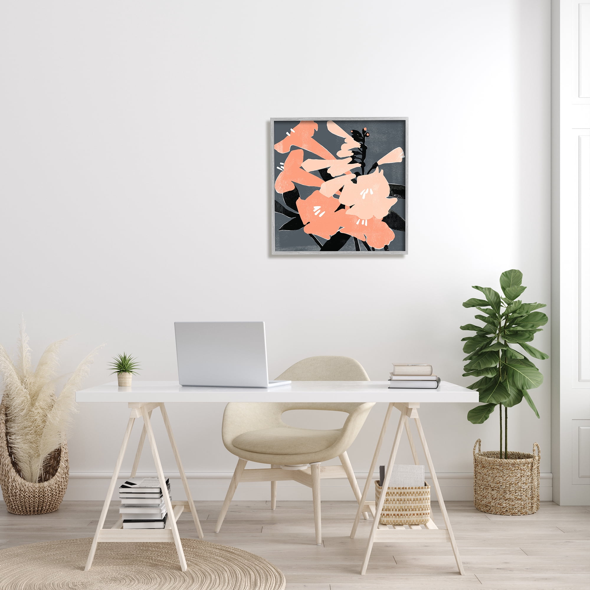 Stupell Industries Pink Pop Lilies over Dark Grey Neutral Branches Botanical & Floral Painting Gray Framed Art Print Wall Art, 24 x 24