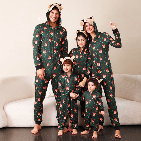 EGNMCR One Piece Hooded Family Christmas Pjs Matching Sets, Xmas Holiday PJs for Women/Men/Kids/Babys Xmas Deer Sleepwear Christmas Parent-Child Outfit for New Year's Pajama Party