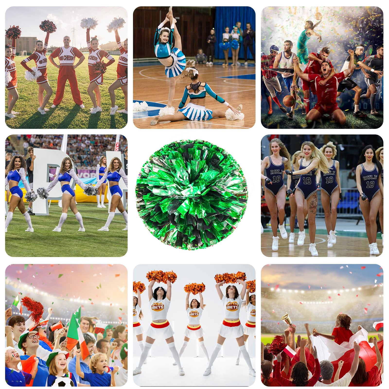 Cheerleading Poms 14 Pack, Handheld Cheerleading Pompoms for Basketball Football Volleyball, Cheer Spirit Supplies, Metallic Streamers for Dance and Games