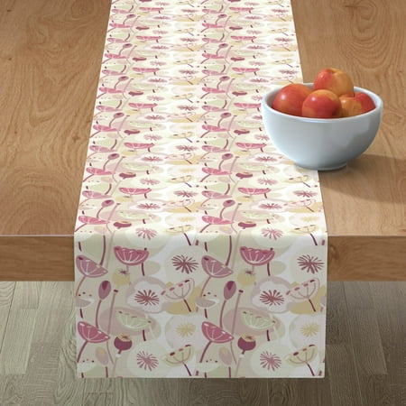 

Cotton Sateen Table Runner 72 - Midcentury Modern Floral Flower Mod Poppies Poppy Frambois Raspberry Berry Mauve Pink White Print Custom Table Linens by Spoonflower