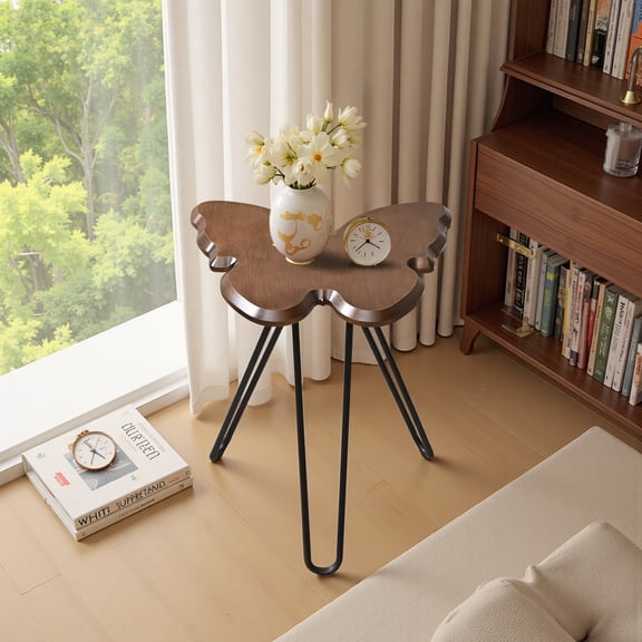Butterfly Shape Accent Side Table with Black Hairpin Metal Legs, Modern Small End Table for Living Room, Sofa Side or Bedroom, Walnut Brown